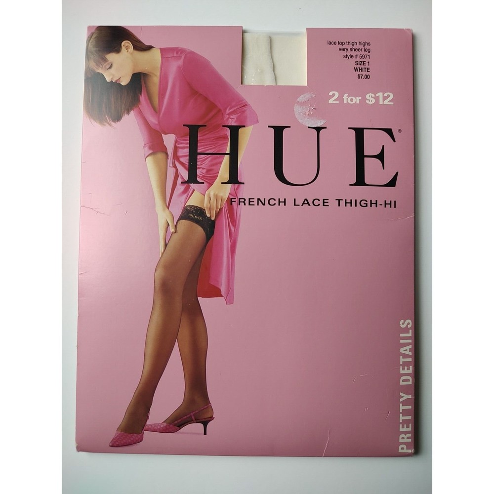 HUE French Lace Thigh-Hi very sheer leg #5971 Size 1 White lace top thigh highs